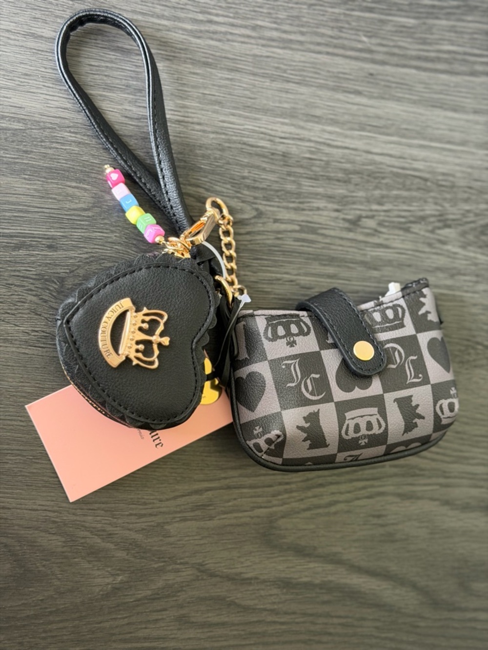 Juicy Couture Sweet break time wristlet heart coin pouch beaded charm black NEW